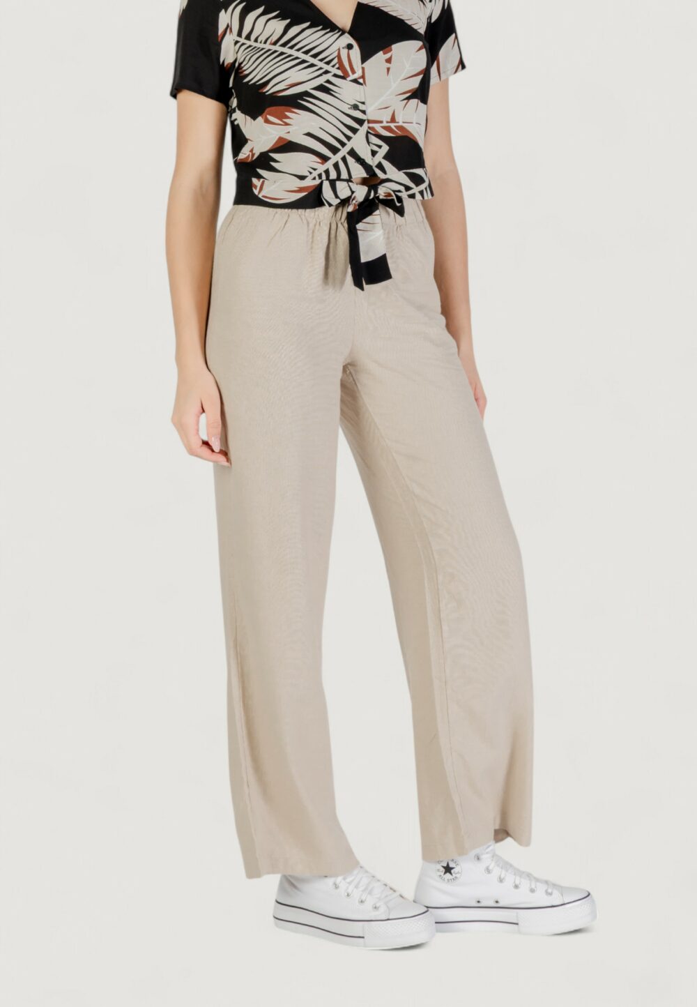 Pantaloni a palazzo Only Onlcaro Mw Linen Bl Pull-Up Beige - Foto 3