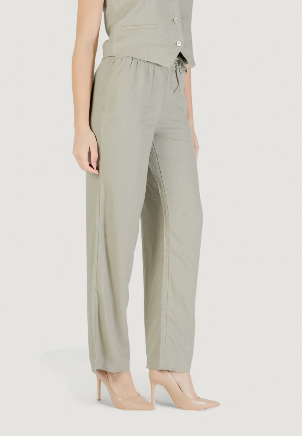 Pantaloni a palazzo Only Onlcaro Mw Linen Bl Pull-Up VERDE SALVIA - Foto 3