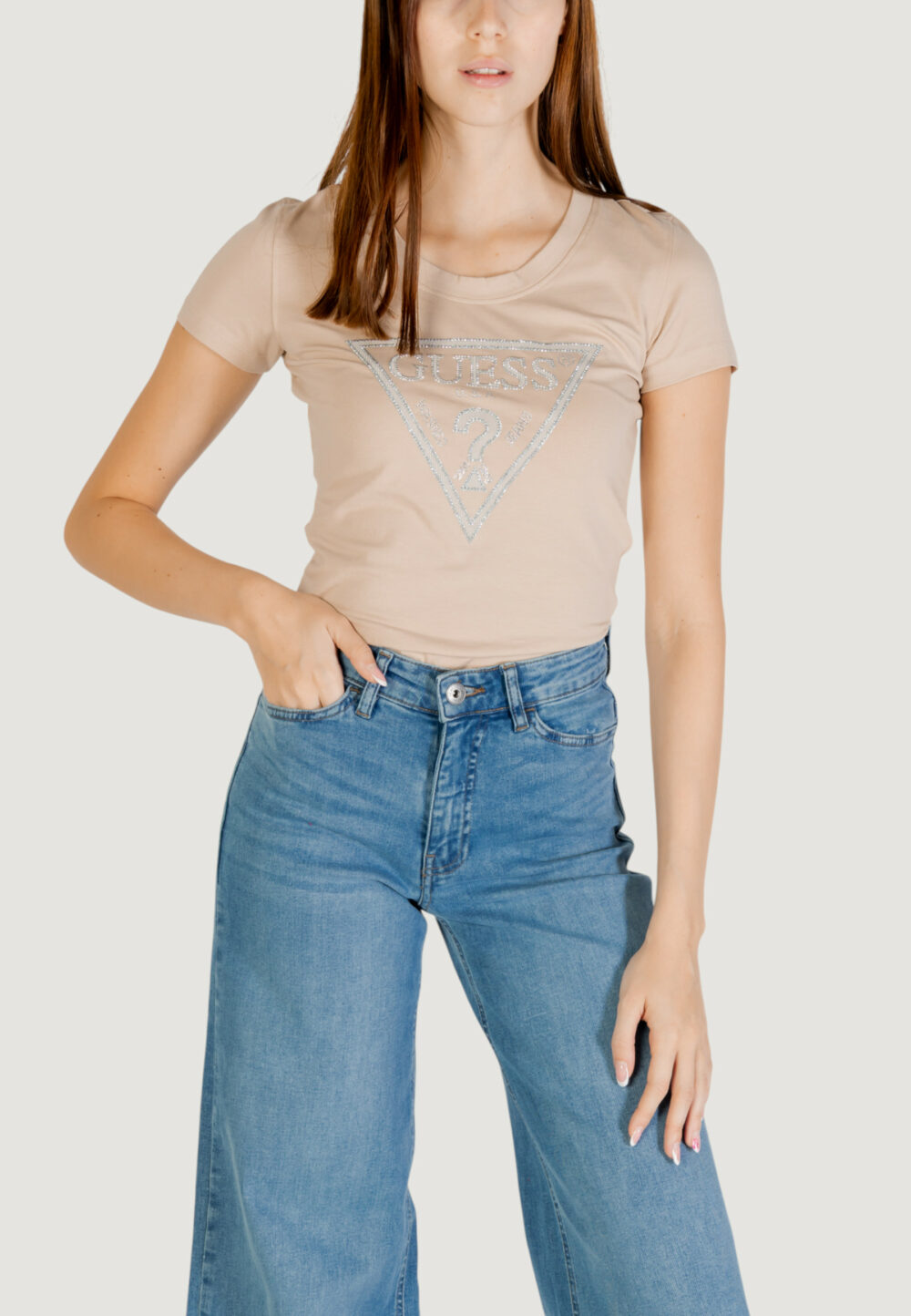 T-shirt Guess SS CN SHINY TRIANGLE Beige - Foto 1