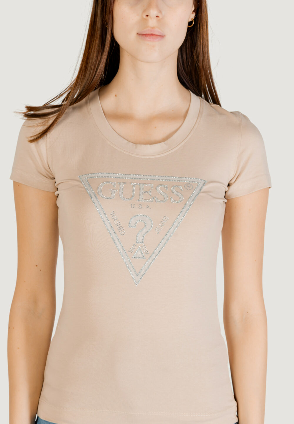 T-shirt Guess SS CN SHINY TRIANGLE Beige - Foto 2