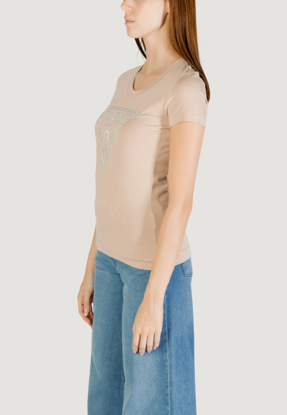 T-shirt Guess SS CN SHINY TRIANGLE Beige - Foto 3