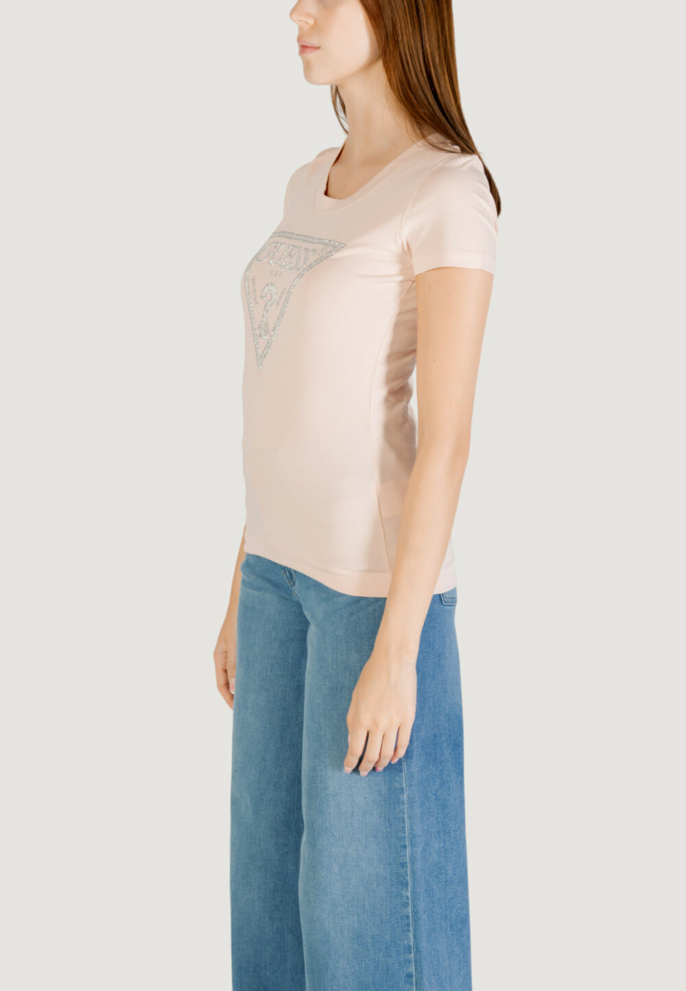 T-shirt Guess SS CN SHINY TRIANGLE Rosa - Foto 3