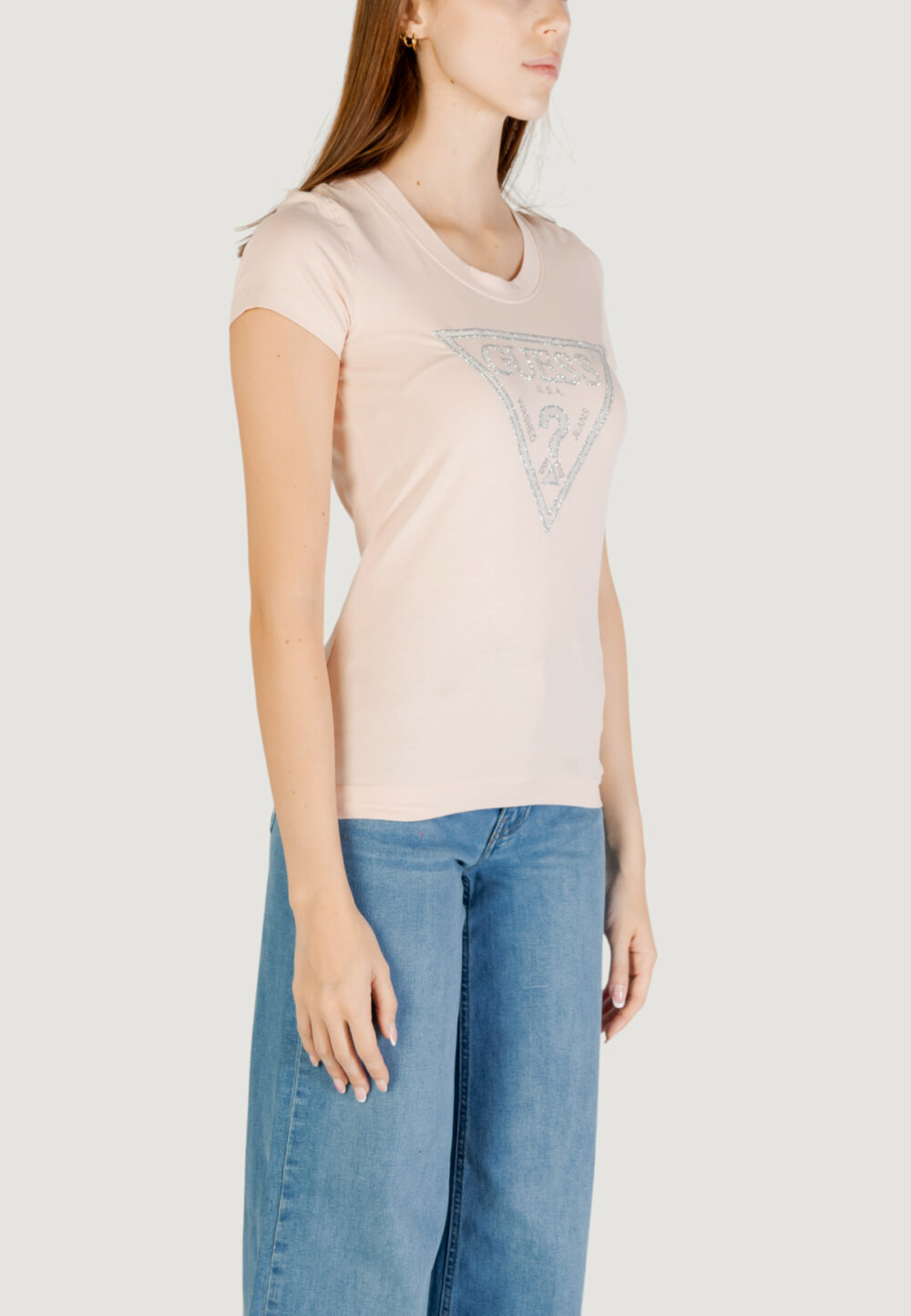 T-shirt Guess SS CN SHINY TRIANGLE Rosa - Foto 4