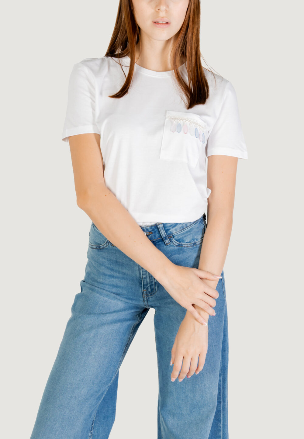 T-shirt Only ONLELIS S/S DETAIL POCKET TEE CS JRS Bianco - Foto 1