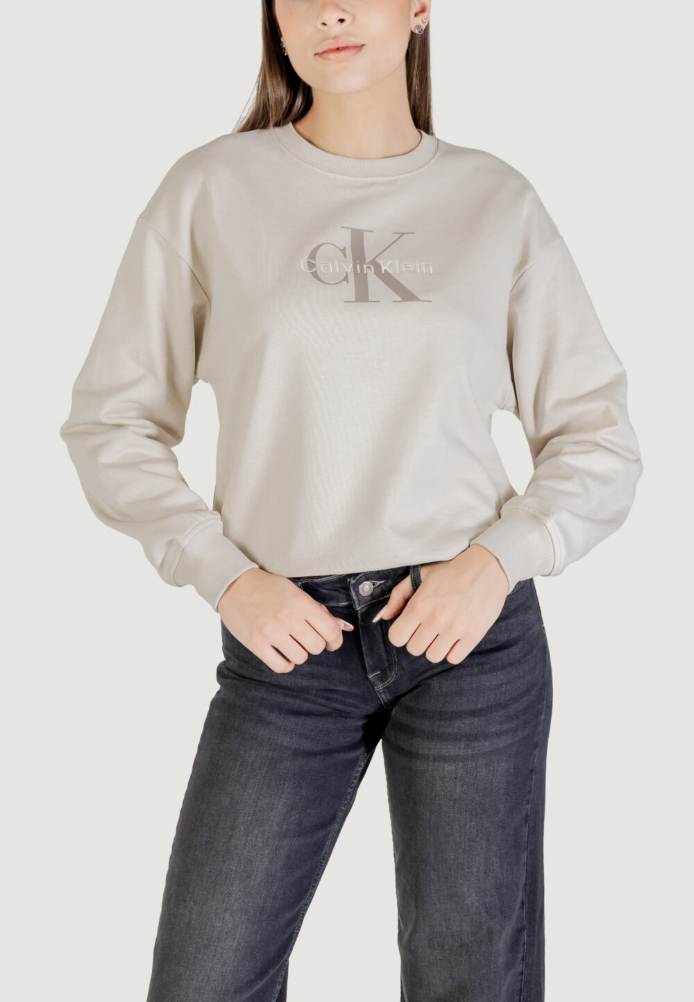 Felpa senza cappuccio Calvin Klein Jeans LS MONOLOGO FRENCH T Beige - Foto 1