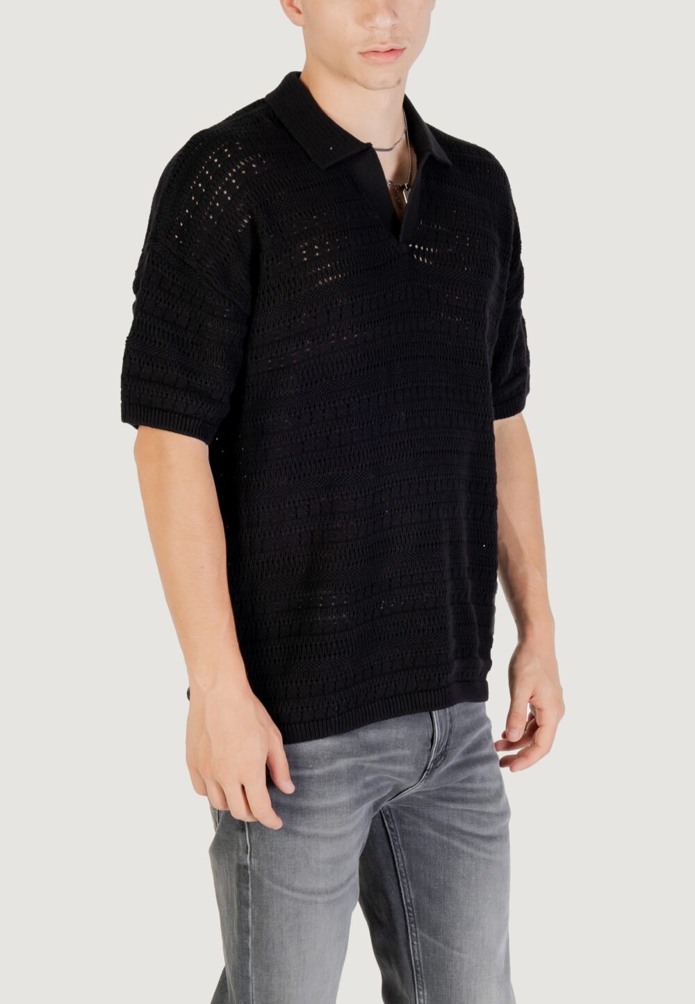 Maglia Only & Sons ONSGRAYSON DS 5 CHOCHET POLO KNIT NOOS Nero - Foto 3