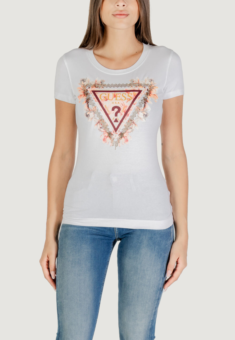 T-shirt Guess SS TRIANGLE FLOWERS TEE Bianco - Foto 1