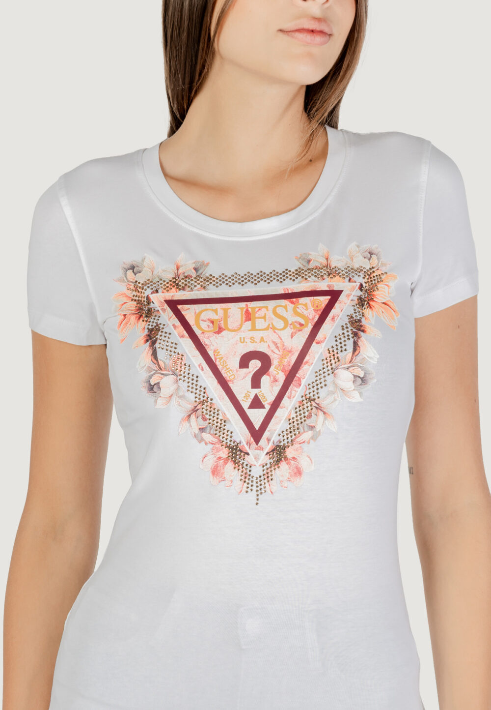 T-shirt Guess SS TRIANGLE FLOWERS TEE Bianco - Foto 2