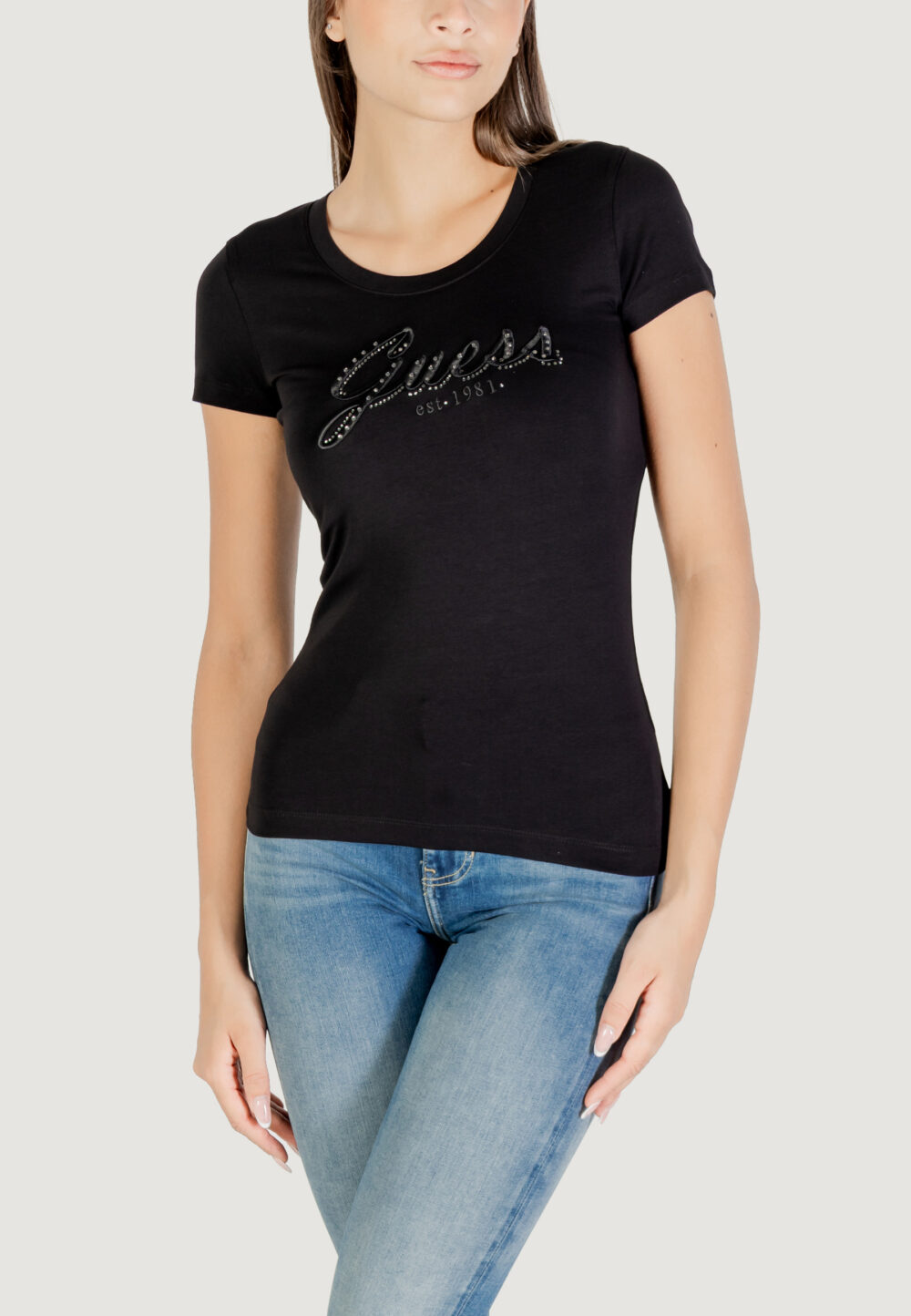 T-shirt Guess CN SS EMBRO SCRIPT LOGO TEE Nero - Foto 1