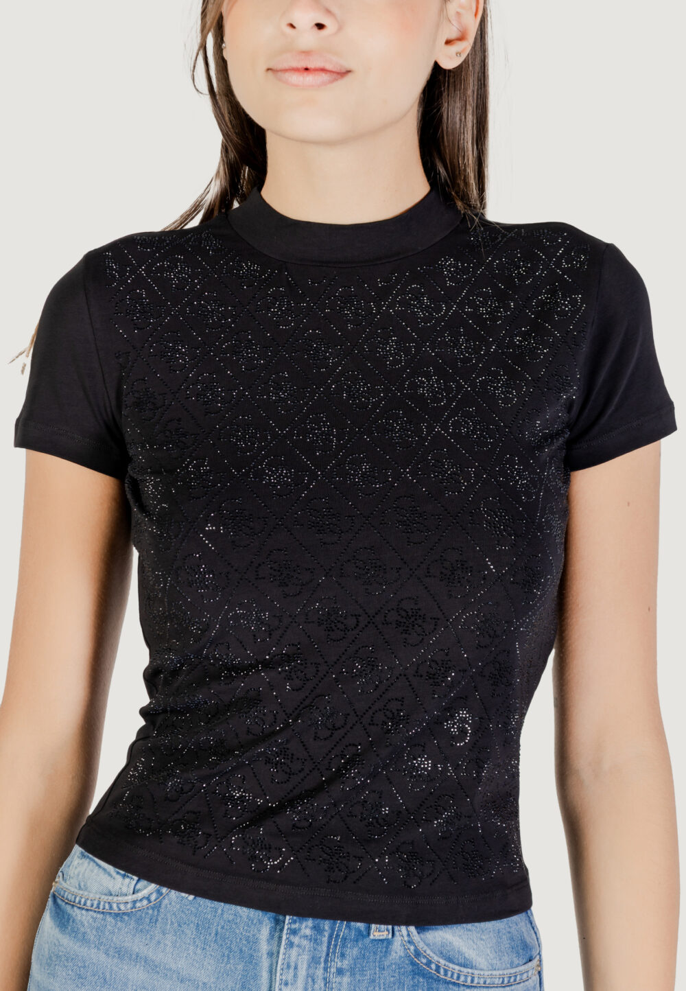 T-shirt Guess SS MOCK NECK ALL OVER 4G TEE Nero - Foto 2