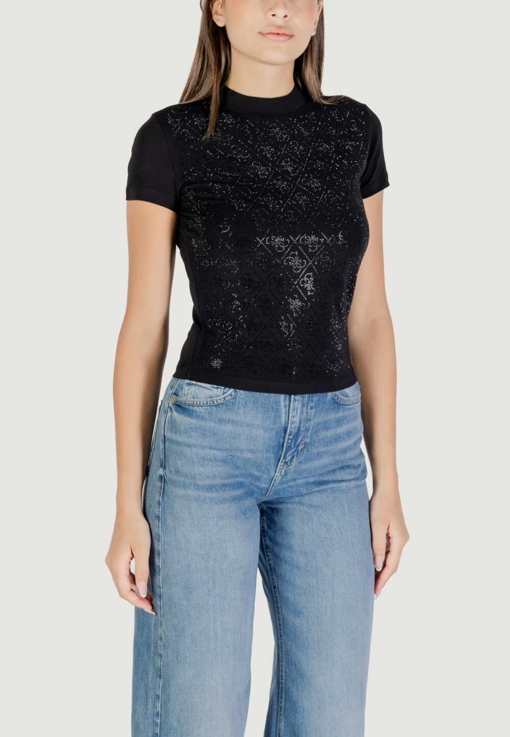 T-shirt Guess SS MOCK NECK ALL OVER 4G TEE Nero - Foto 3