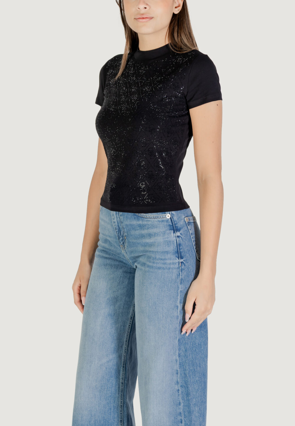 T-shirt Guess SS MOCK NECK ALL OVER 4G TEE Nero - Foto 4