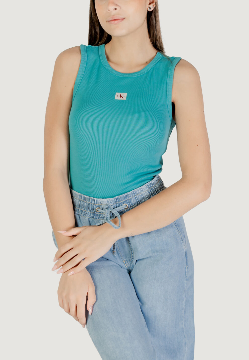 Top Calvin Klein Jeans A - WOVEN LABEL 2X2 Celeste - Foto 1
