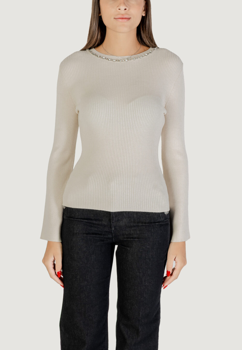 Maglia Only ONLNATASCHA LS BLING ONECK CC KNT Beige chiaro - Foto 1