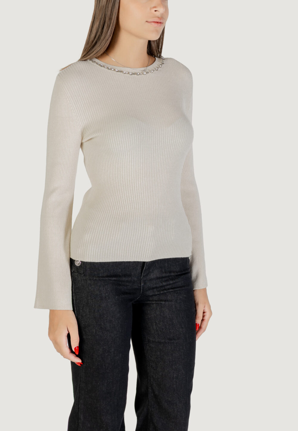 Maglia Only ONLNATASCHA LS BLING ONECK CC KNT Beige chiaro - Foto 3