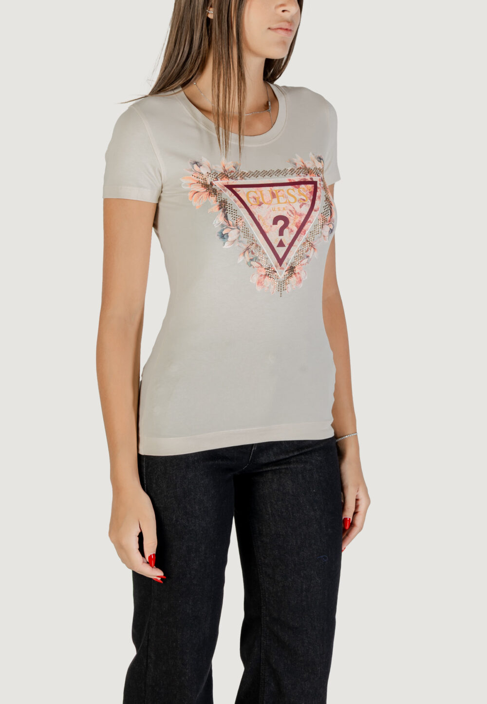 T-shirt Guess SS TRIANGLE FLOWERS TEE Beige - Foto 3