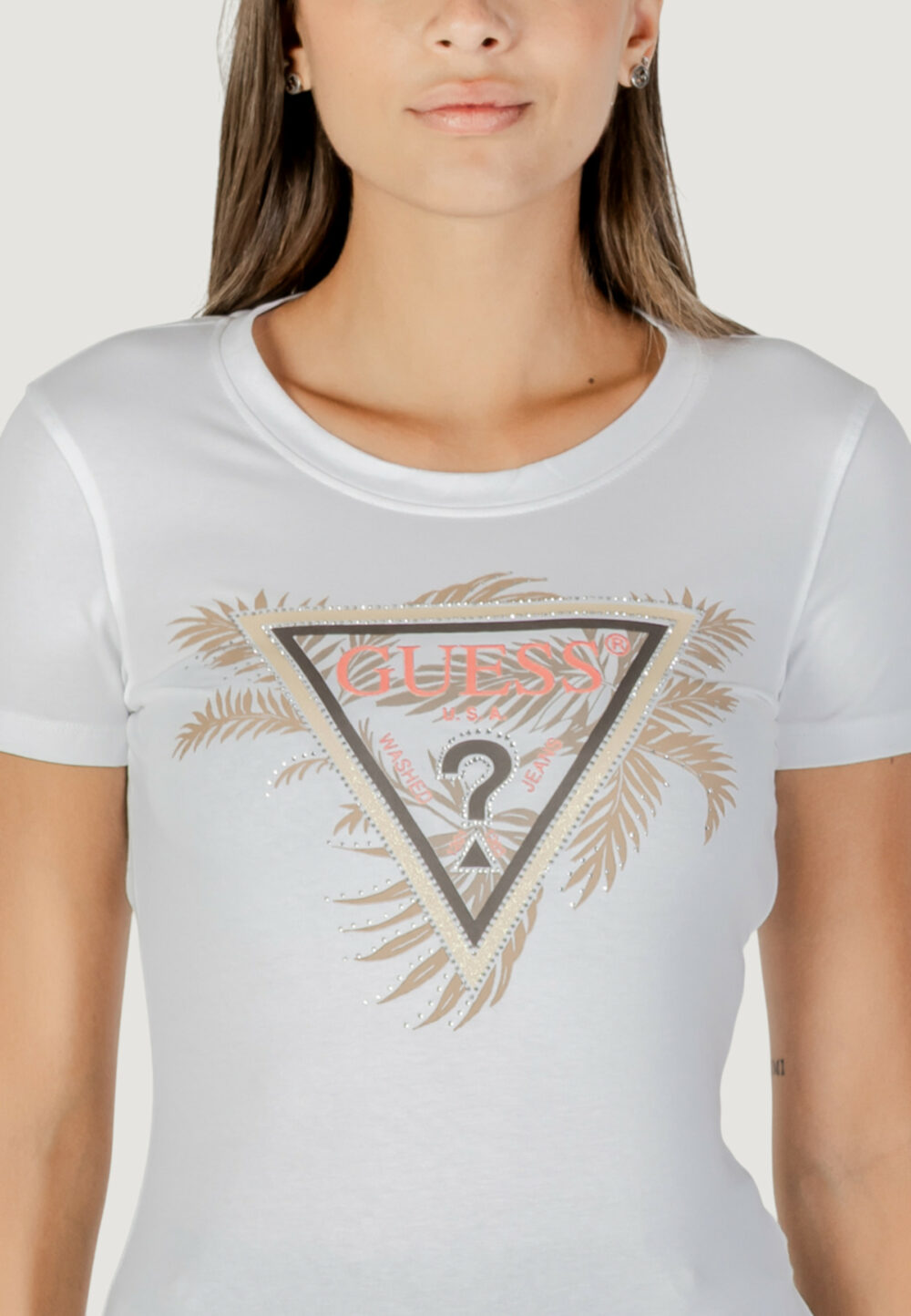 T-shirt Guess CN SS TRIANGLE PALM PRINT Bianco - Foto 4