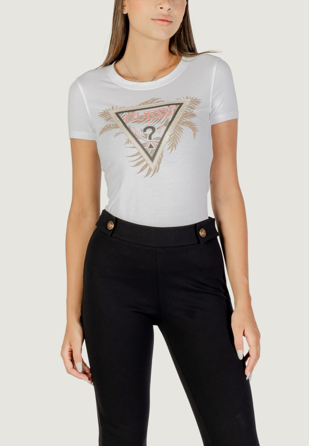 T-shirt Guess CN SS TRIANGLE PALM PRINT Bianco - Foto 1