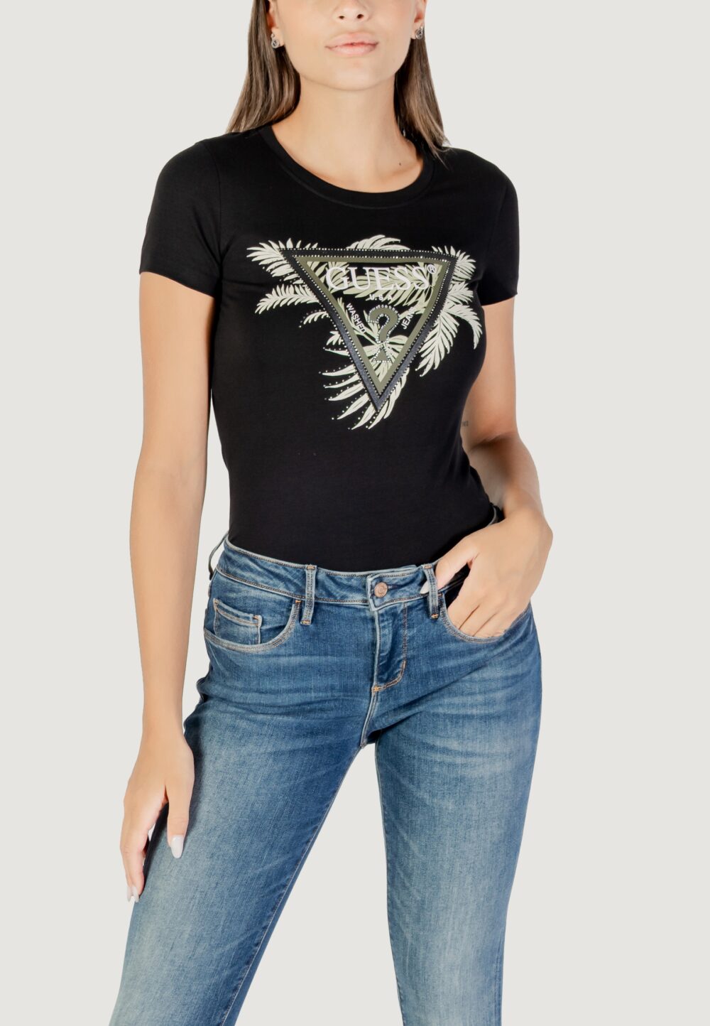 T-shirt Guess CN SS TRIANGLE PALM PRINT Nero - Foto 1