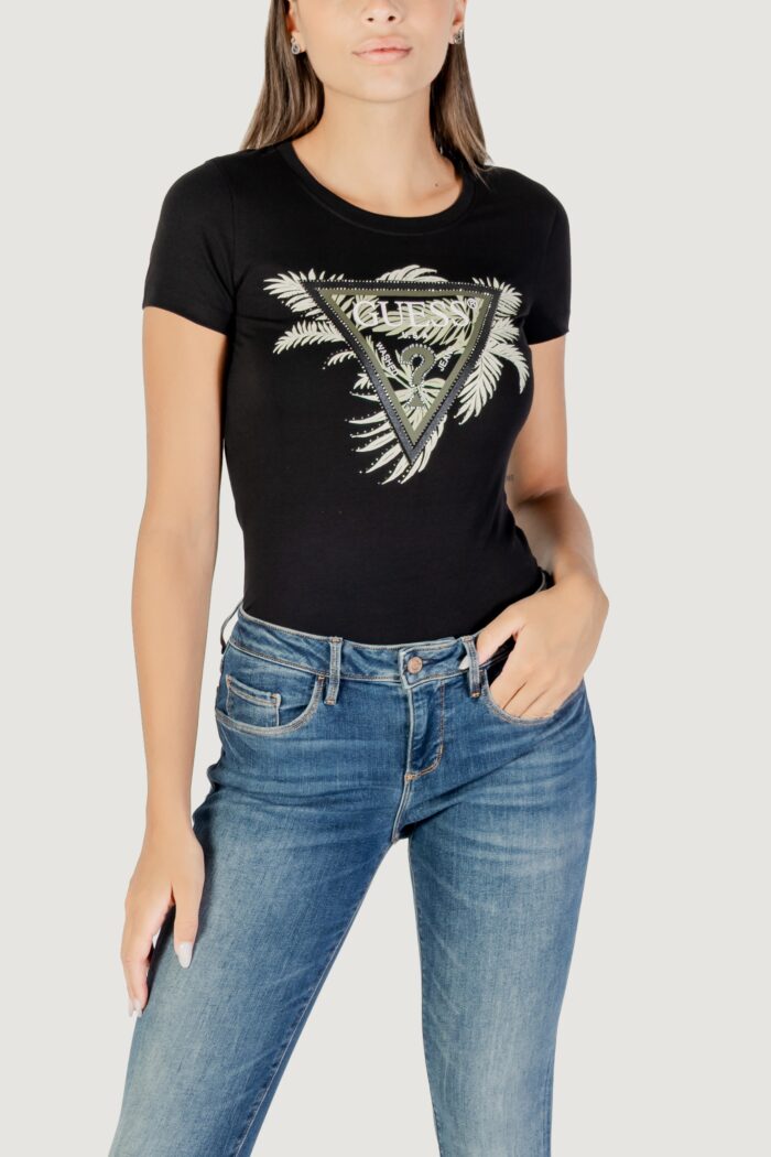 T-shirt Guess CN SS TRIANGLE PALM PRINT Nero – W5YI13 J1314