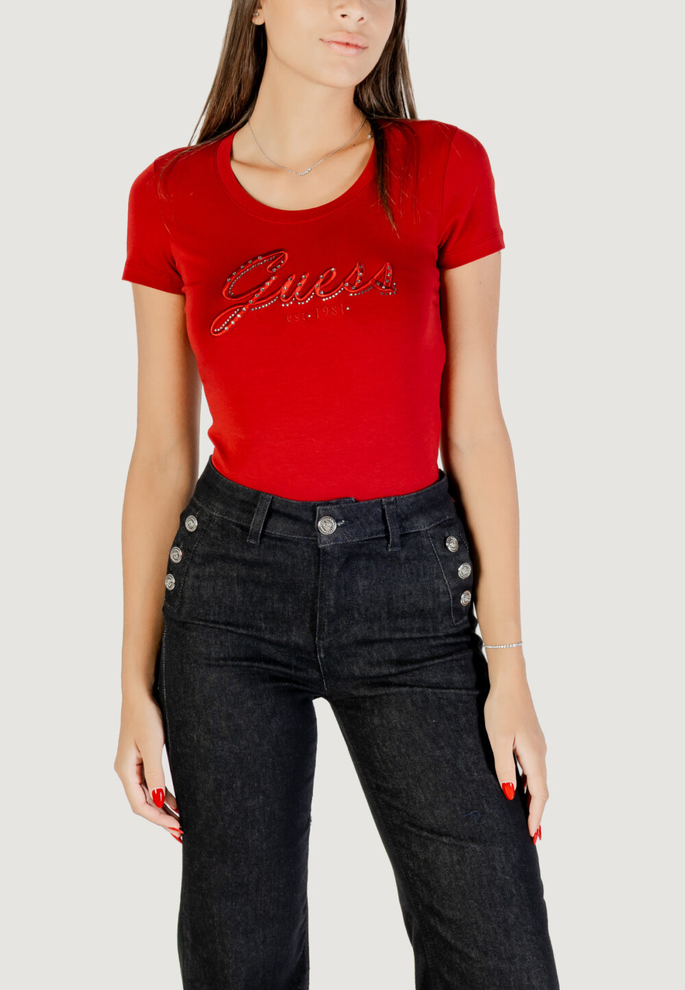 T-shirt Guess CN SS EMBRO SCRIPT LOGO TEE Rosso - Foto 1