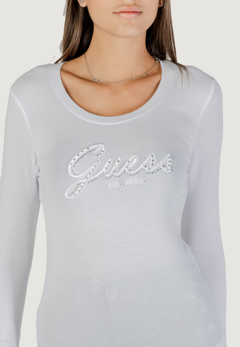T-shirt manica lunga Guess CN LS EMBRO SCRIPT LOGO TEE Bianco - Foto 1