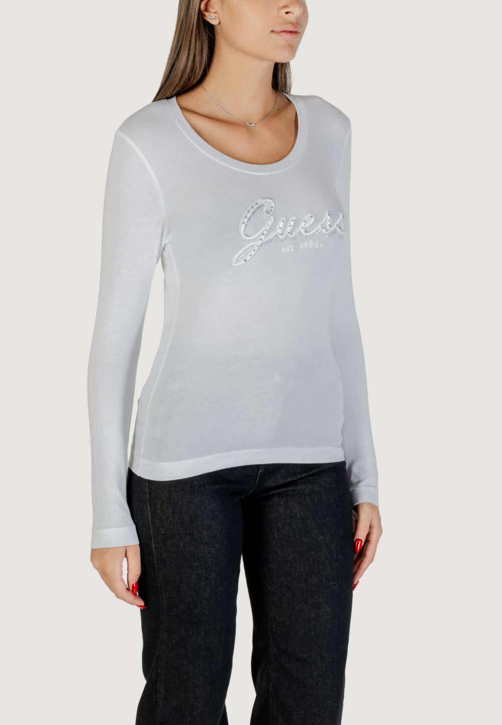 T-shirt manica lunga Guess CN LS EMBRO SCRIPT LOGO TEE Bianco - Foto 3