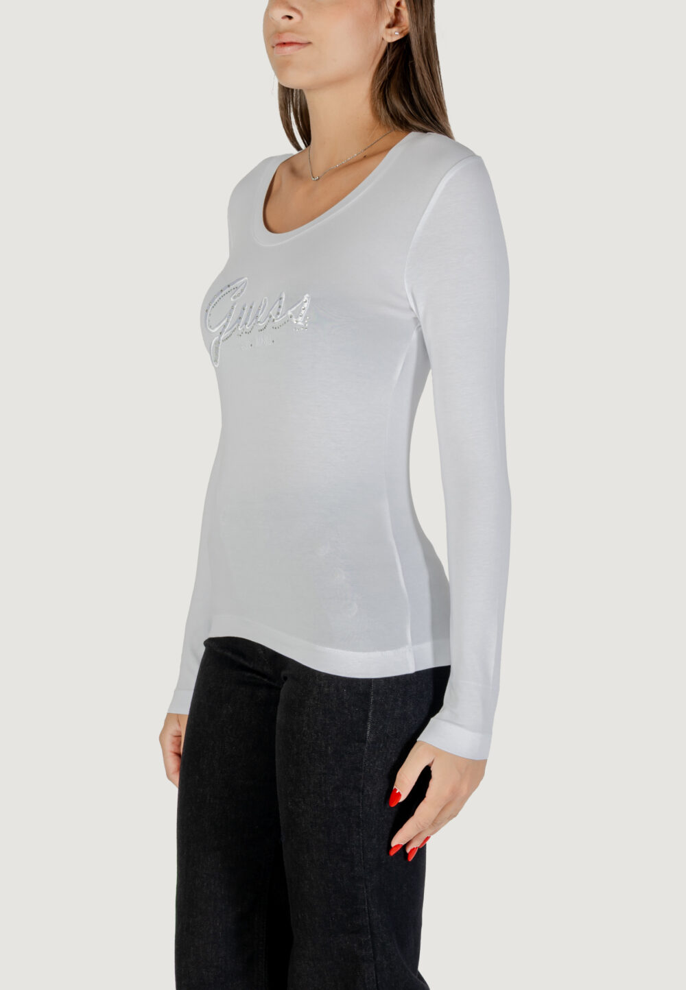 T-shirt manica lunga Guess CN LS EMBRO SCRIPT LOGO TEE Bianco - Foto 4