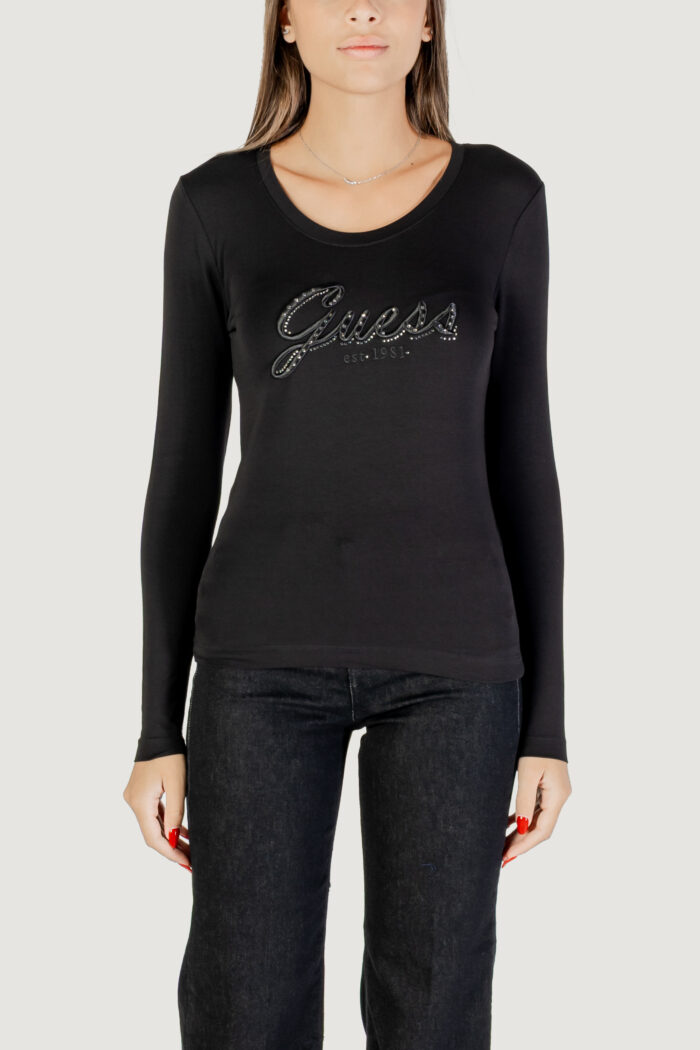 T-shirt manica lunga Guess CN LS EMBRO SCRIPT LOGO TEE Nero – W5YI26 J1314