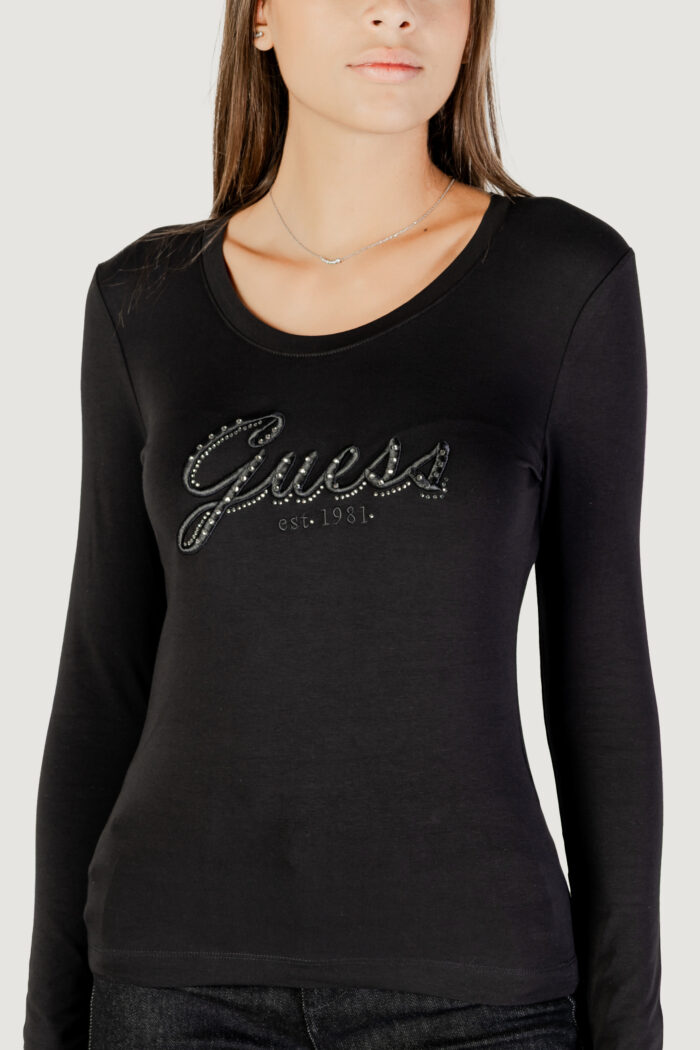 T-shirt manica lunga Guess CN LS EMBRO SCRIPT LOGO TEE Nero – W5YI26 J1314