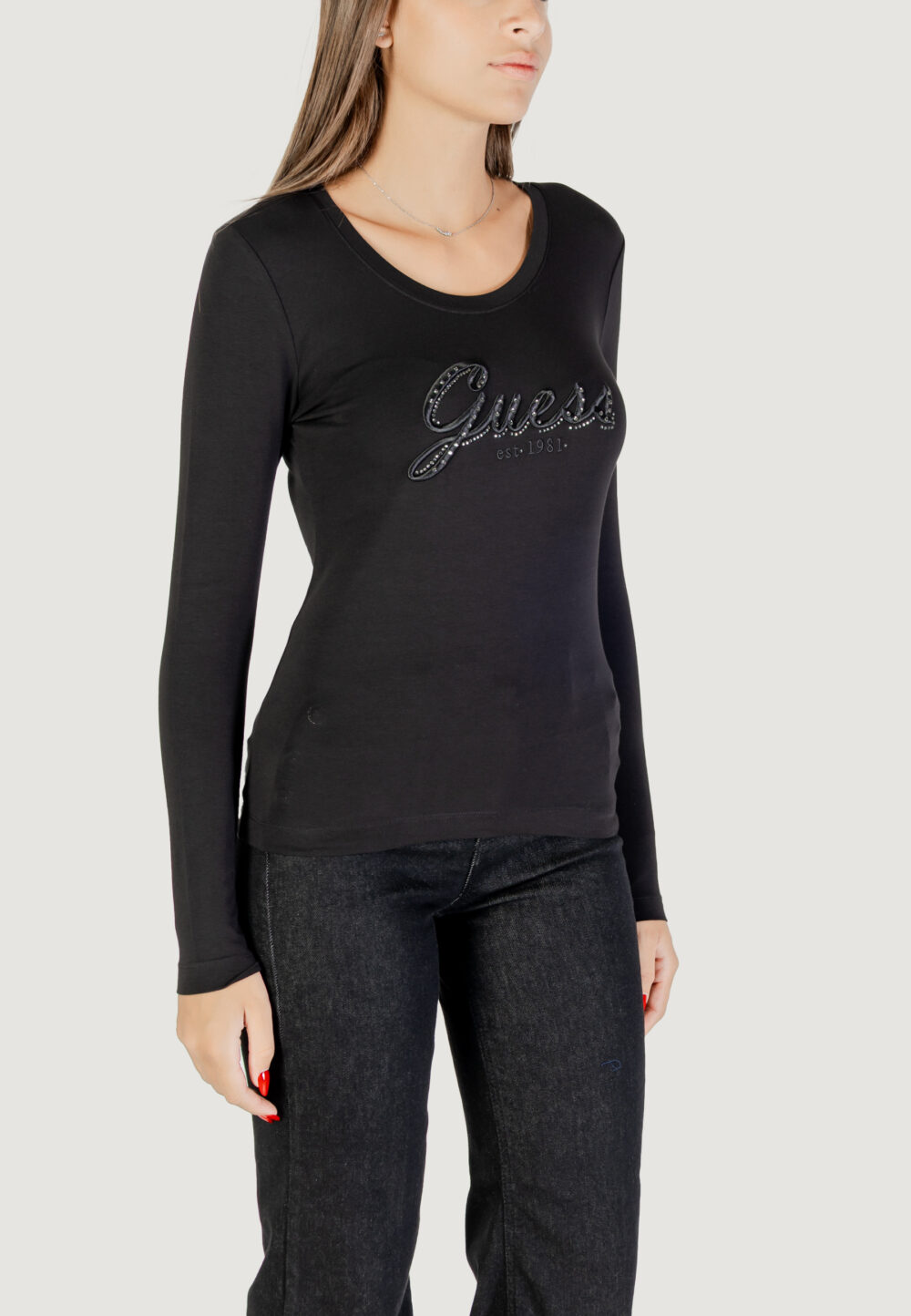 T-shirt manica lunga Guess CN LS EMBRO SCRIPT LOGO TEE Nero - Foto 3