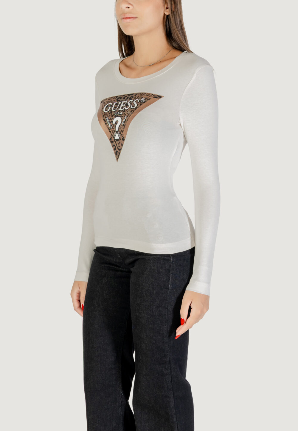 T-shirt manica lunga Guess LS CN LEO TRIANGLE TEE Panna - Foto 4