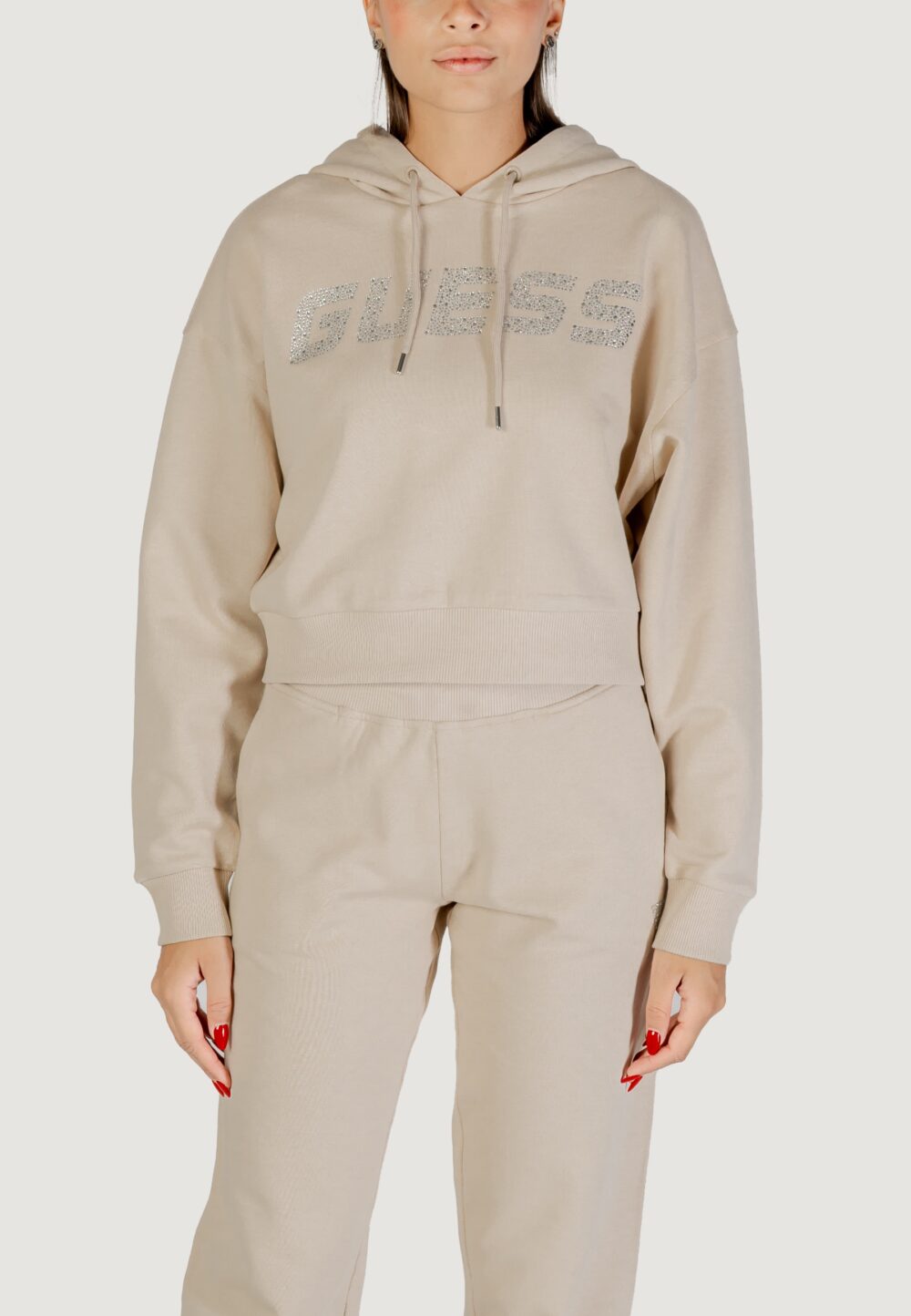Felpa con cappuccio Guess PRIMULA RHINESTONES HOODIE SWE Beige chiaro - Foto 1