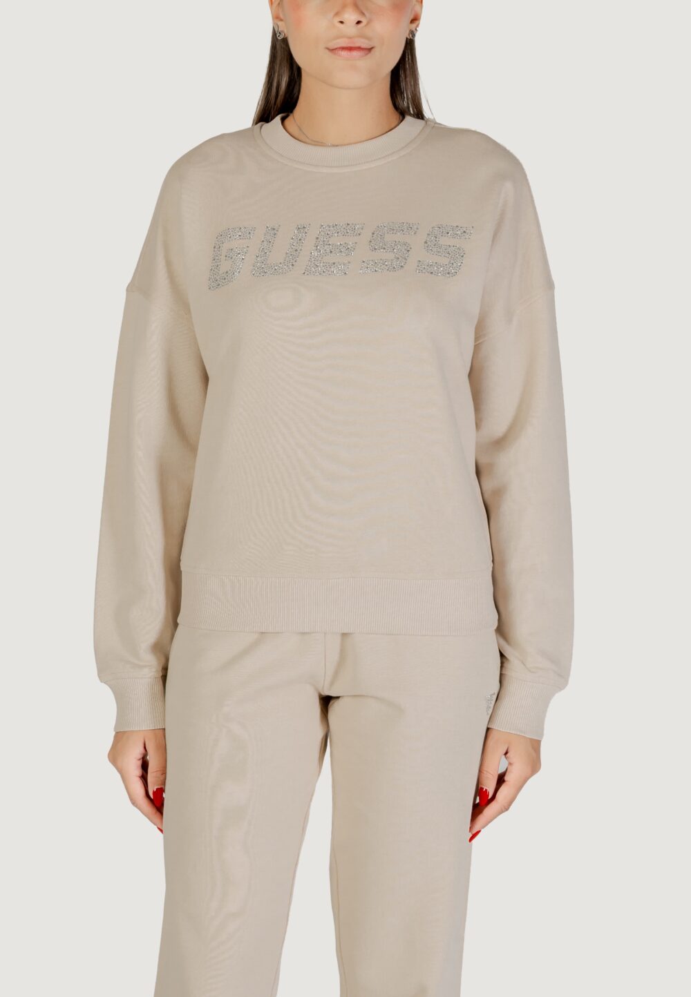 Felpa senza cappuccio Guess PRIMULA RHINESTONES CN SWEATSH Beige chiaro - Foto 1