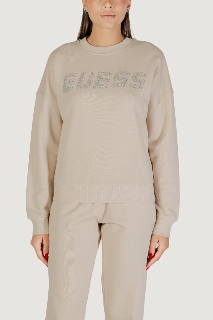 Felpa senza cappuccio Guess PRIMULA RHINESTONES CN SWEATSH Beige chiaro