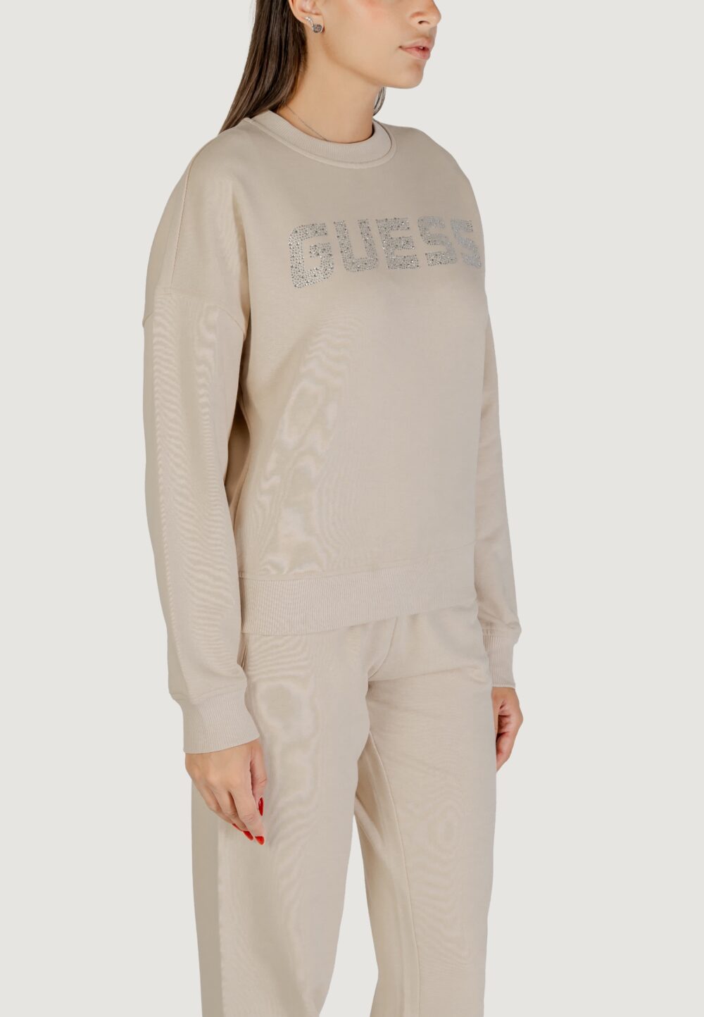Felpa senza cappuccio Guess PRIMULA RHINESTONES CN SWEATSH Beige chiaro - Foto 5