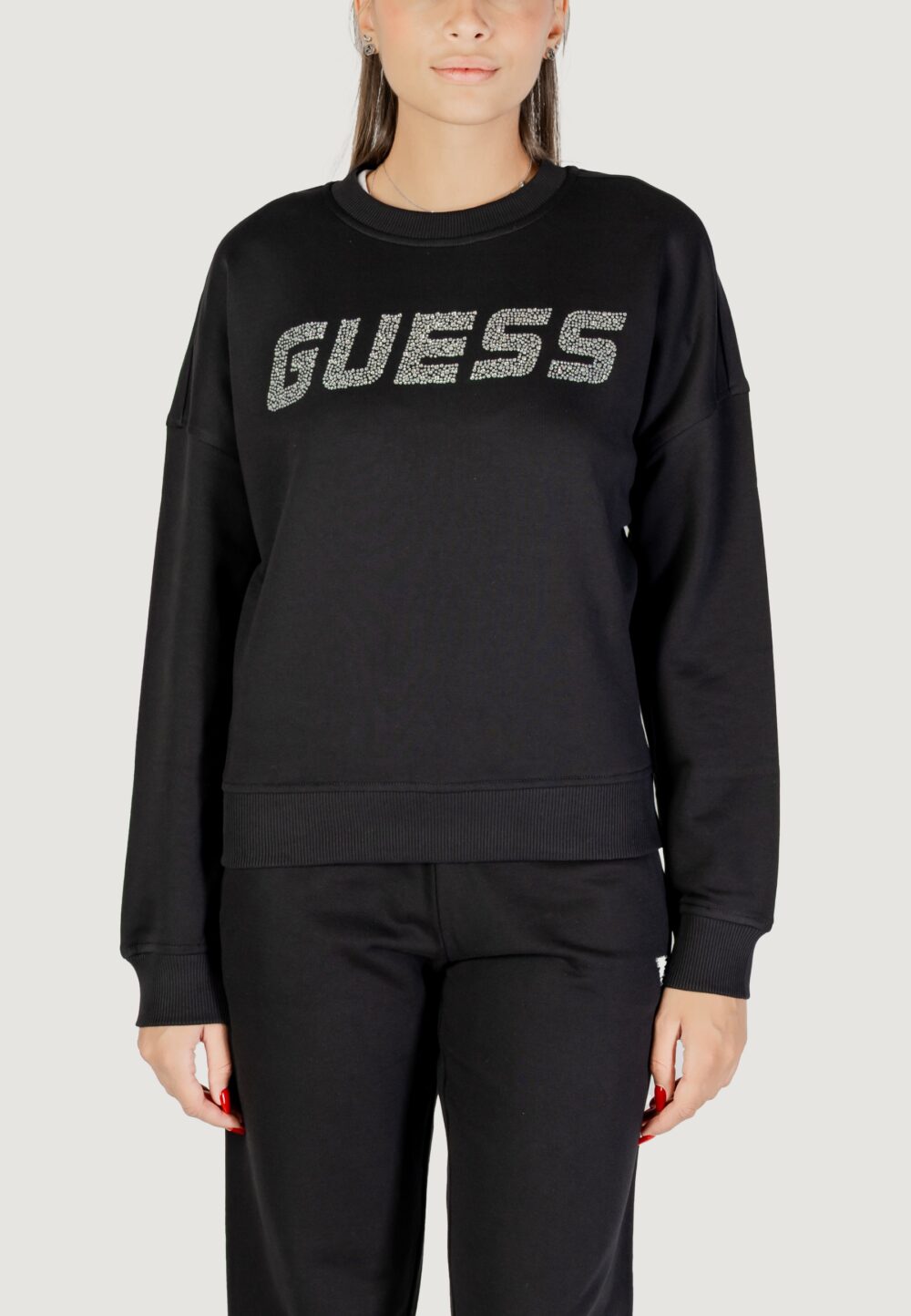Felpa senza cappuccio Guess PRIMULA RHINESTONES CN SWEATSH Nero - Foto 1