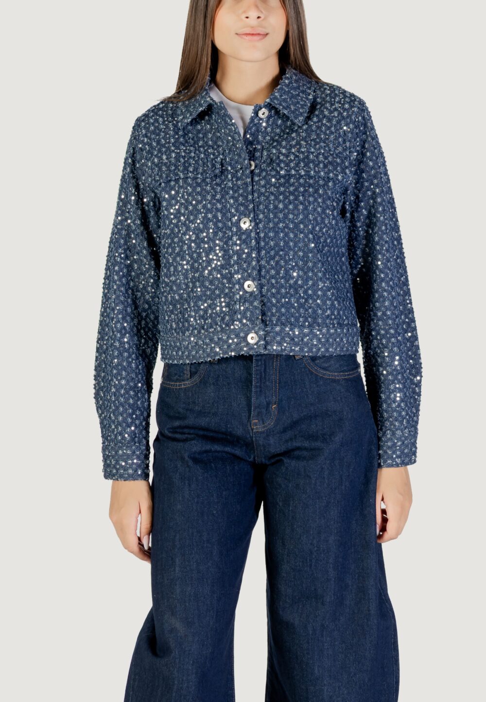 Giacchetto Only Onlevita Shimmer Boucle Jacket Otw Blue Denim Scuro - Foto 1