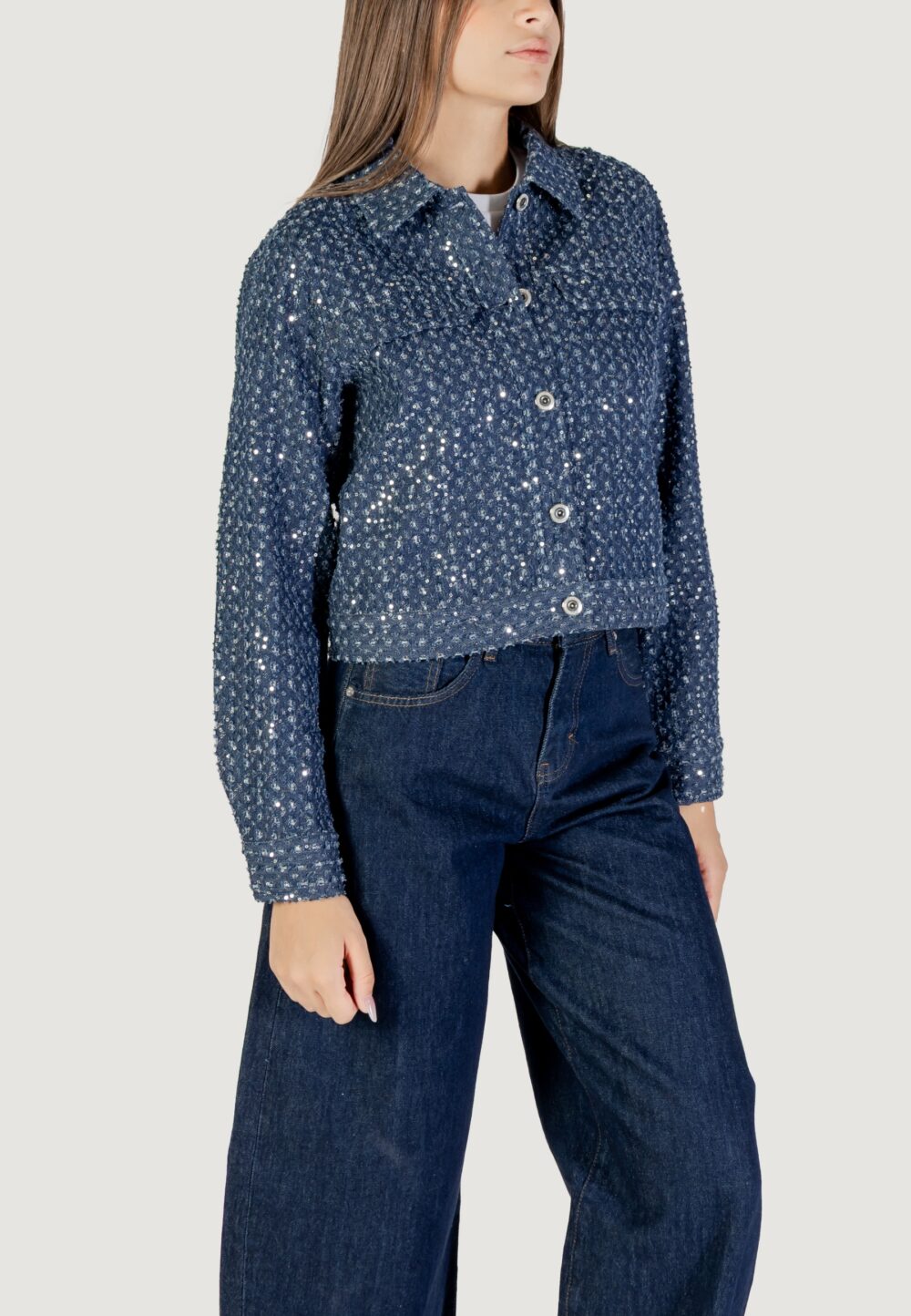 Giacchetto Only Onlevita Shimmer Boucle Jacket Otw Blue Denim Scuro - Foto 3