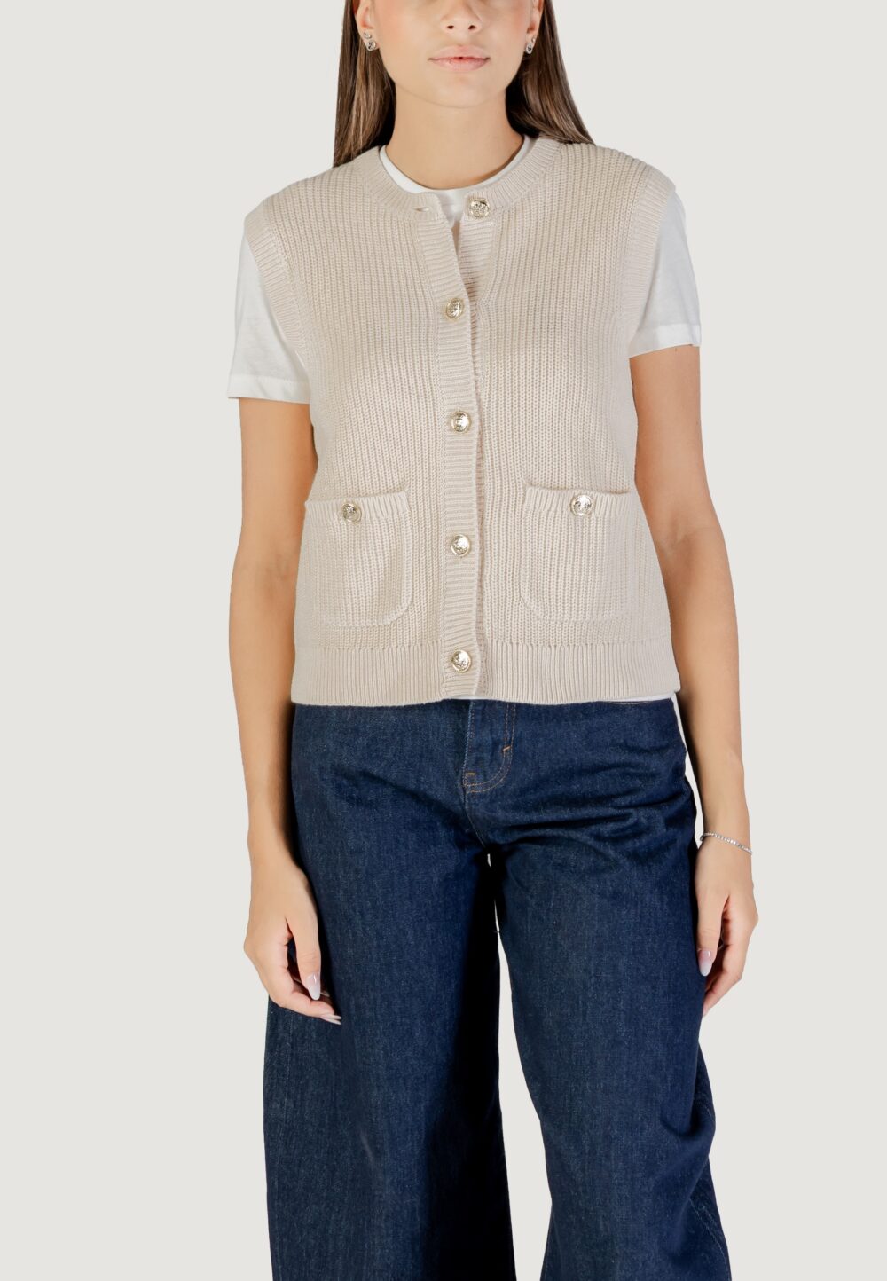 Maglia gilet Jacqueline de Yong Jdystella S/L O-Neck Vest Knt Panna - Foto 1