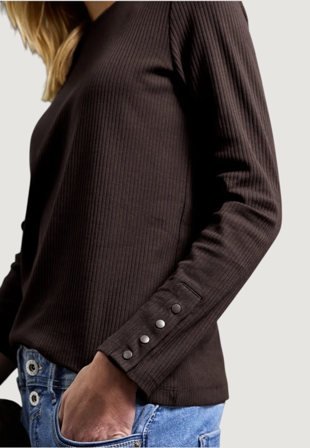 Maglia Street One rib shirt w.buttons at cuffs Cioccolato - Foto 2