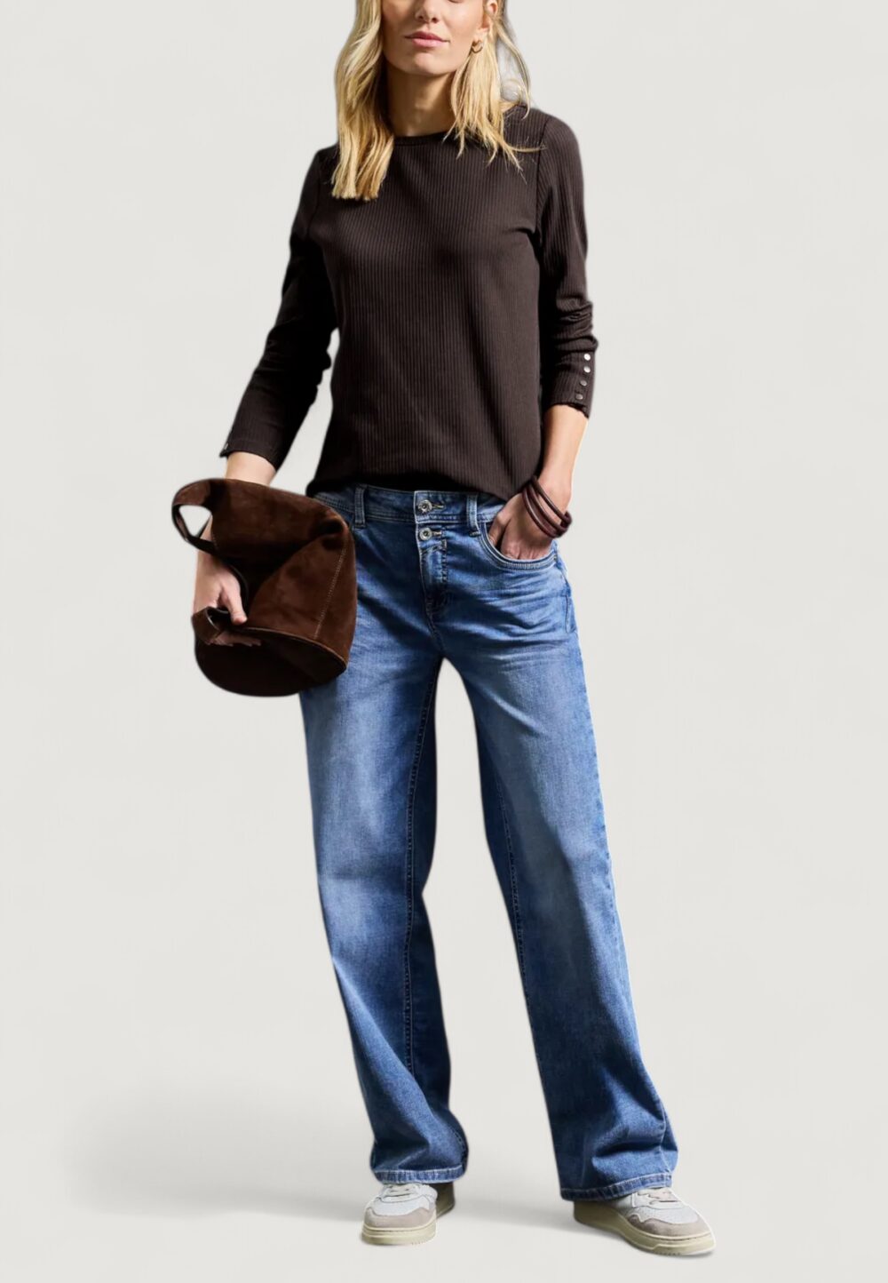 Maglia Street One rib shirt w.buttons at cuffs Cioccolato - Foto 4