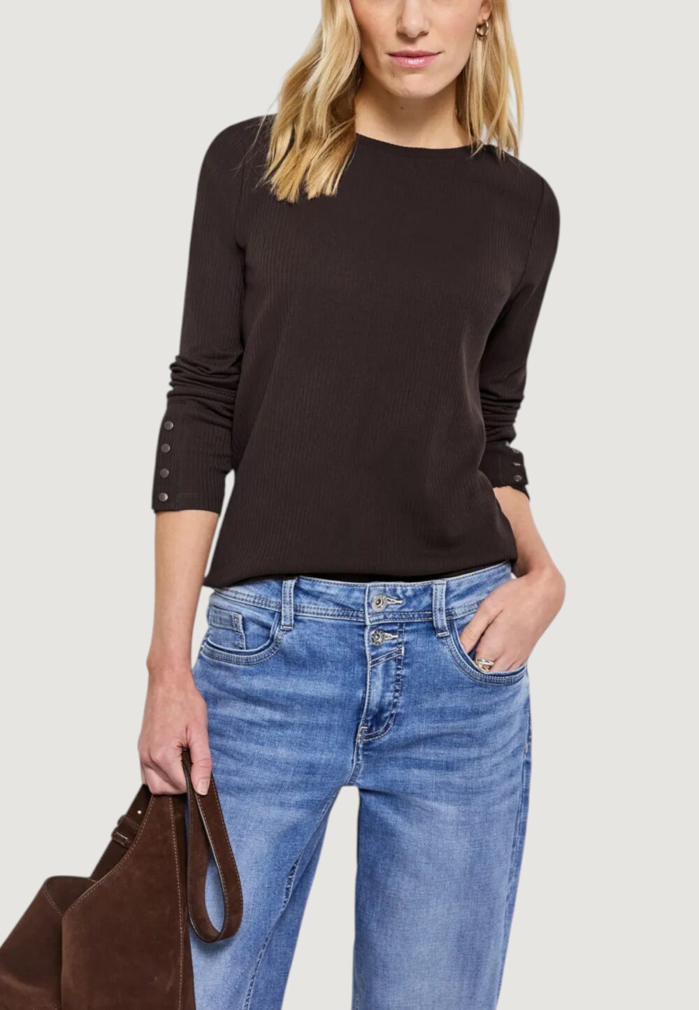 Maglia Street One rib shirt w.buttons at cuffs Cioccolato - Foto 1