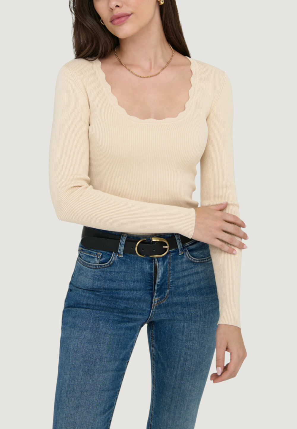 Maglione Jacqueline de Yong Jdynanna Scallop L/S U-Neck Pullover Knt Beige chiaro - Foto 1