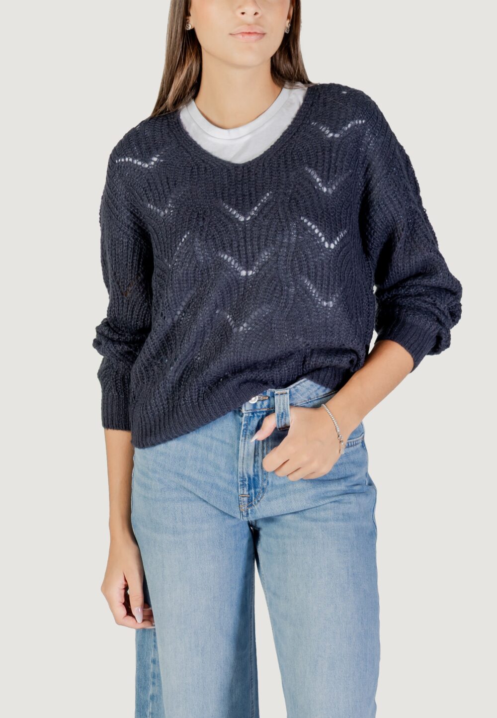 Maglione Jacqueline de Yong JDYBADUT L/S V-NECK STRUC GLITT PULL KNT Petrolio - Foto 1