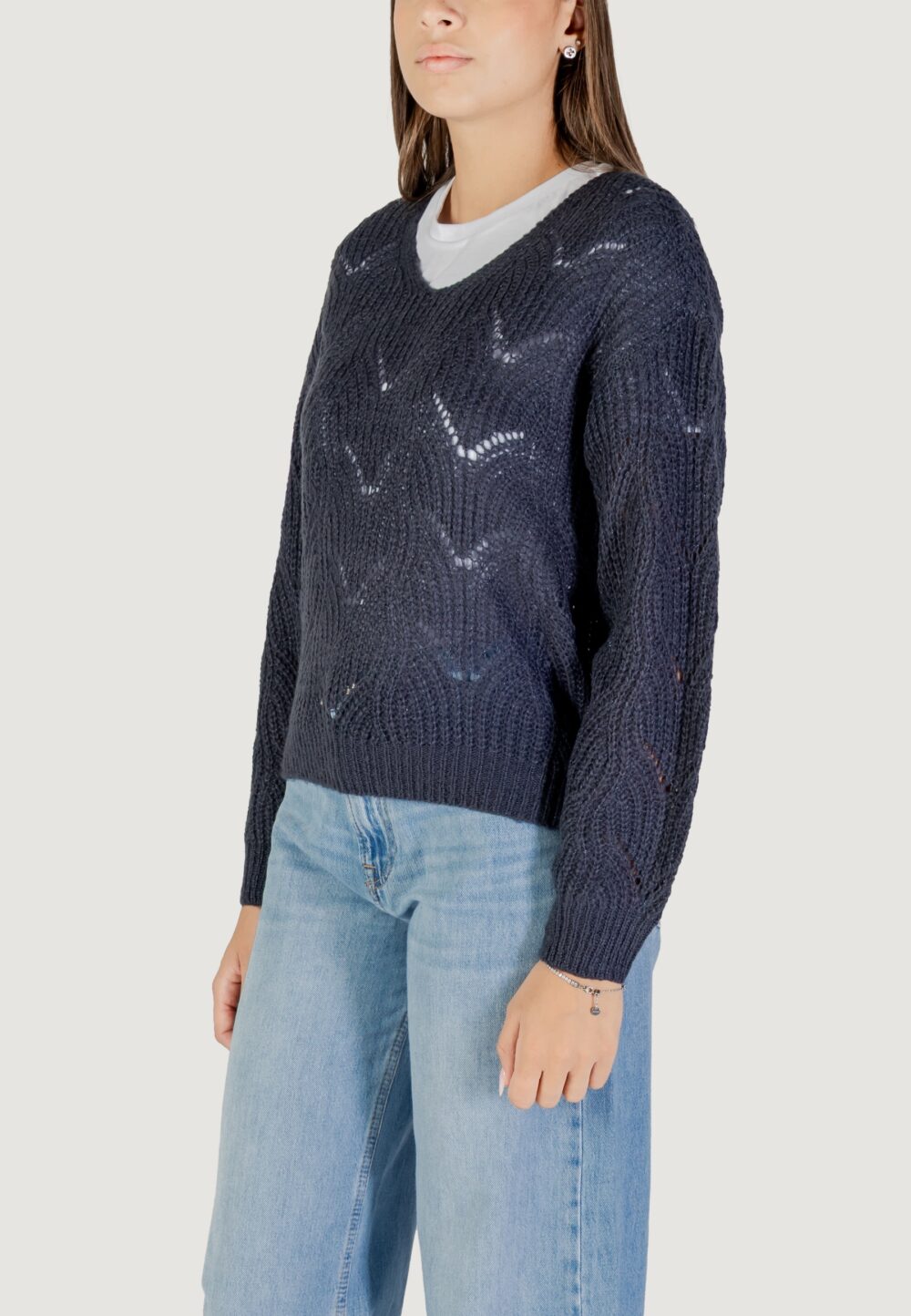 Maglione Jacqueline de Yong JDYBADUT L/S V-NECK STRUC GLITT PULL KNT Petrolio - Foto 3