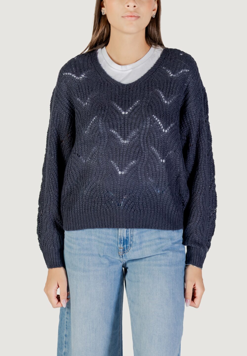 Maglione Jacqueline de Yong JDYBADUT L/S V-NECK STRUC GLITT PULL KNT Petrolio - Foto 5