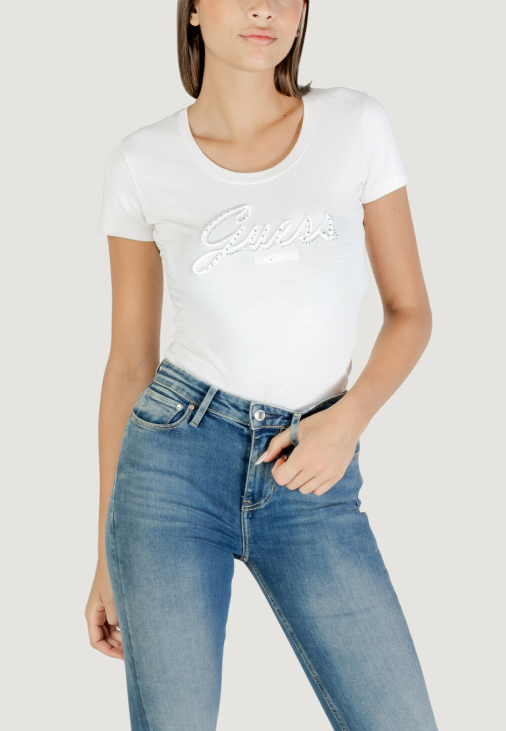 T-shirt Guess CN SS EMBRO SCRIPT LOGO TEE Bianco - Foto 1