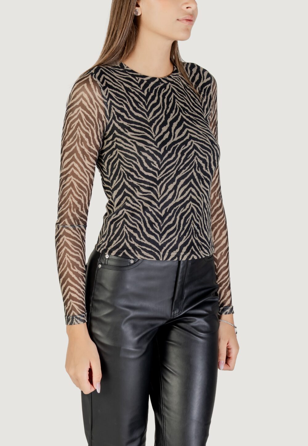 T-shirt manica lunga Only Onlnova L/S Mesh Top Nero - Beige - Foto 3