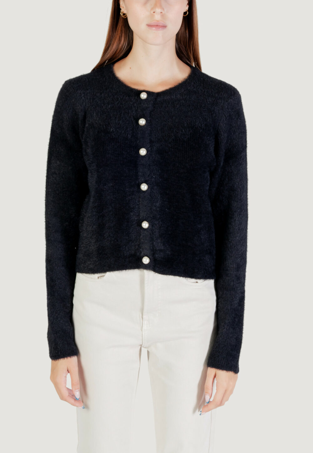 Cardigan Only ONLPETRA LS PEARL O-NECK CARDI CC KNT Nero - Foto 5